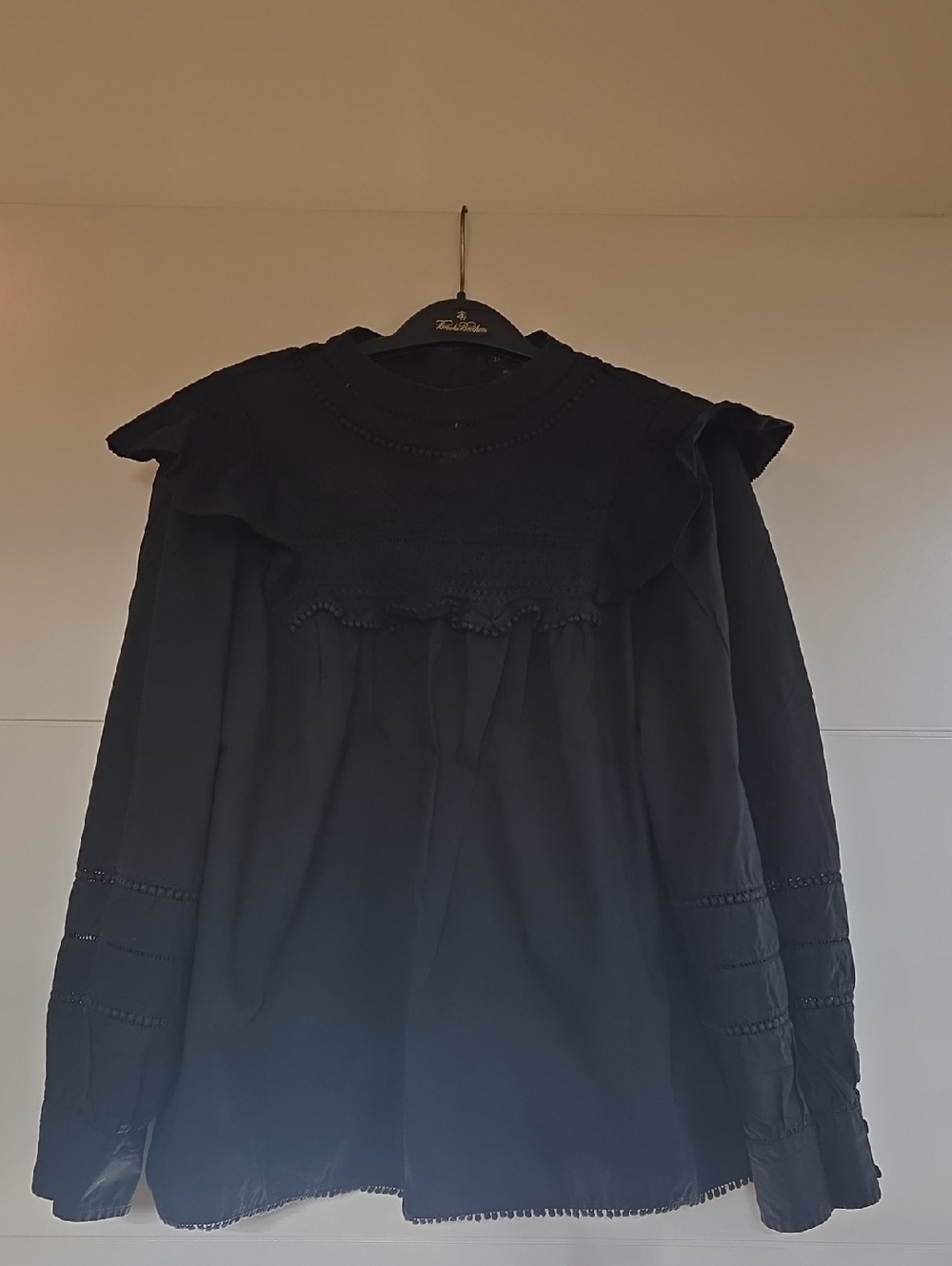 J. Crew Poplin Black Ruffle Detail Long Sleeve Top